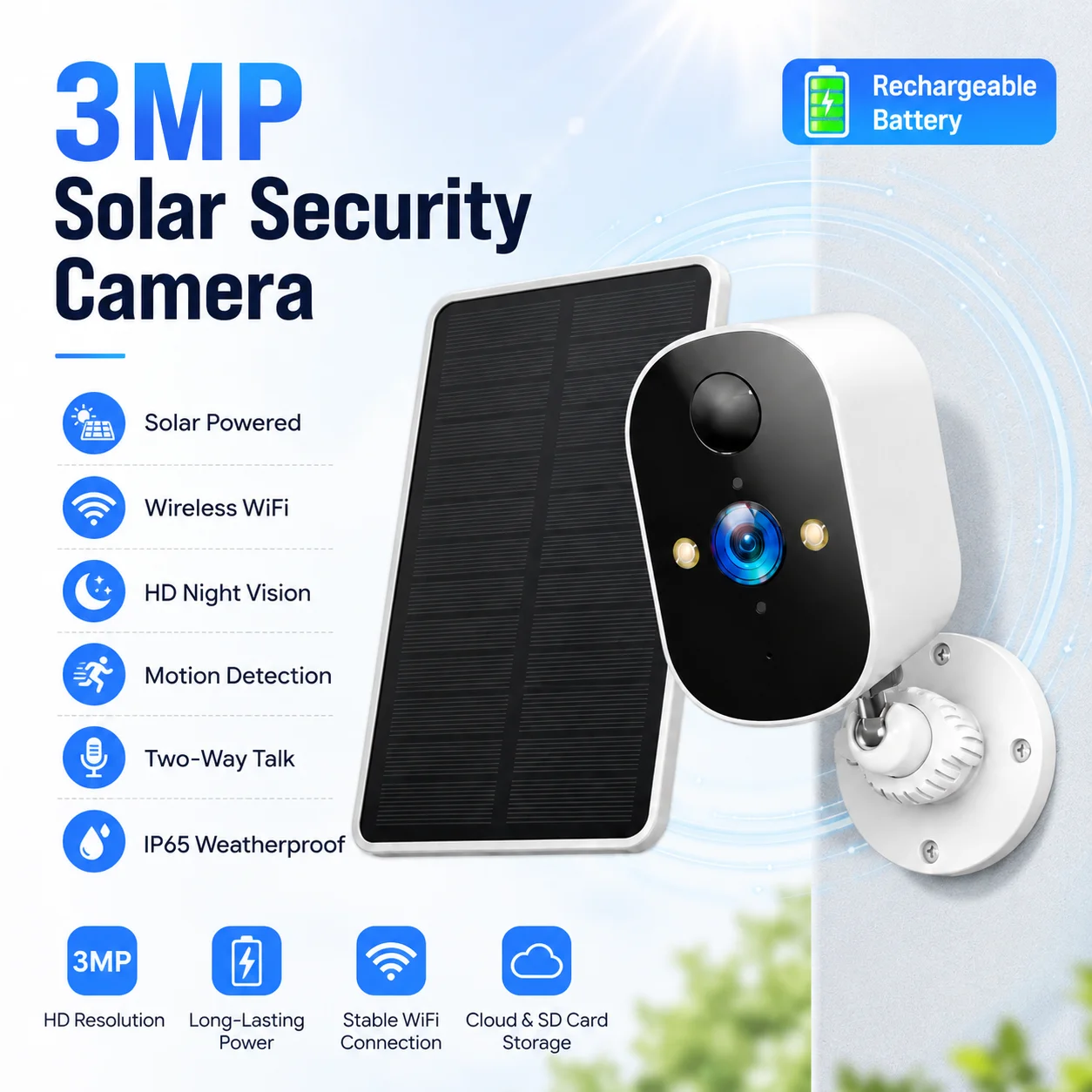 

2K Solar Security Wireless Camera Outdoor, 2.4Ghz WiFi Battery Camera, 355° View Pan/Tilt Solar Camera with PIR Alarm, 2-Way Audio, Color Night Vision, IP65 Waterproof, Cloud & SD Storage