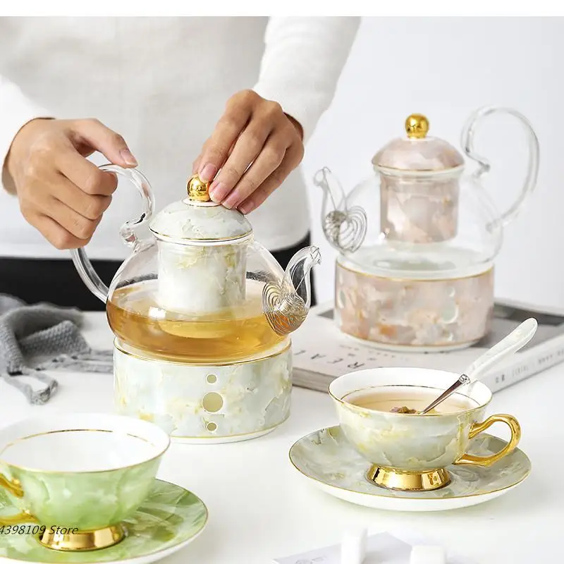 British High-end Phnom Penh Bone China Coffee Cup Dish Set European Marble Ceramic Teapot Tea Pot Household Kettle