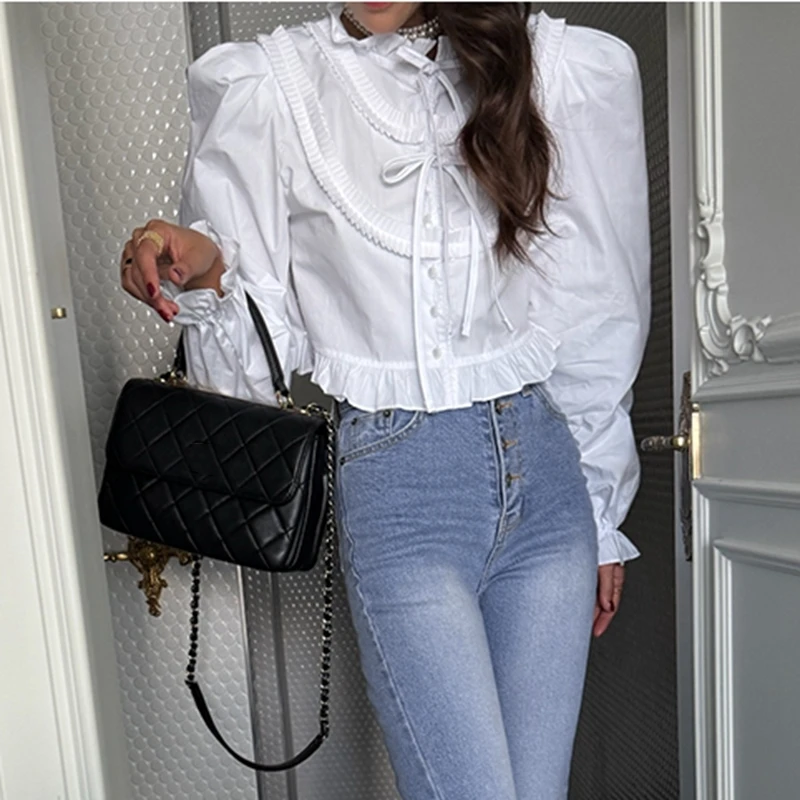 Camicetta dolce europea francese Camicia bianca Moda Donna Blusas Top Top e camicette a maniche lunghe da donna casual