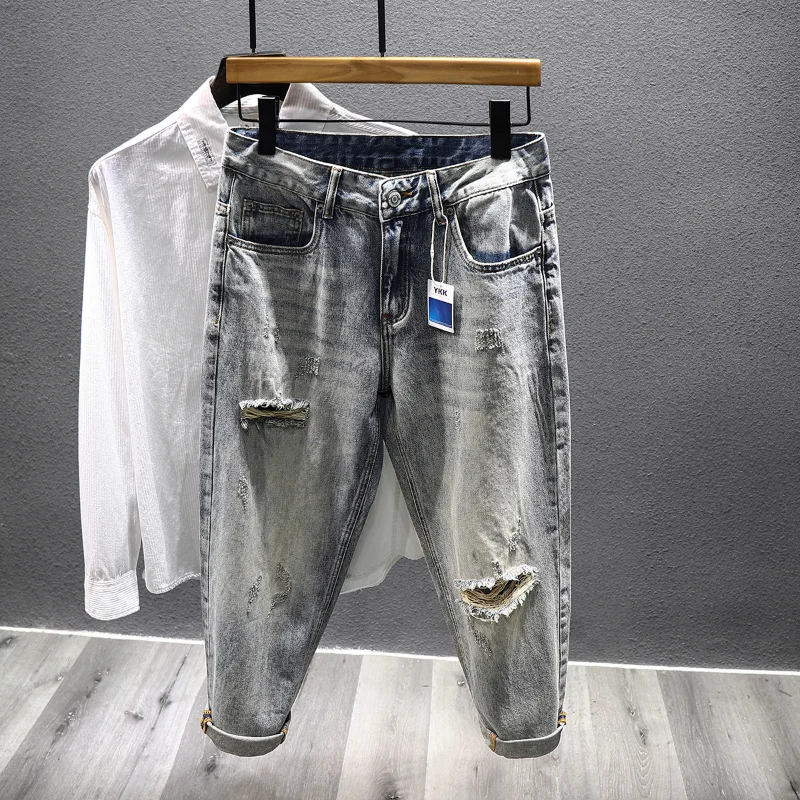 

Ripped Jeans for Men's Vintage High Street Baggy Personality Hole Korean Fashion Dilapidated Loose Male Denim Trousers