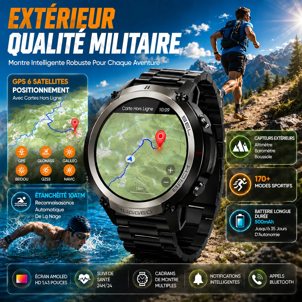 Montre connectée GPS militaire d'aventure en plein air avec carte hors ligne, étanche 5ATM, boussole, baromètre, horloge, appels HD, montres de sport pour homme 2026