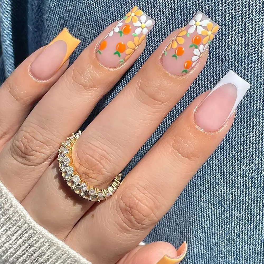 

24PCS/BOX Line Rhinrhinos False Nail Gradient Glitter with Jelly Stickers Press on Nails Gold Tinfoil Full Cover Fake Nail