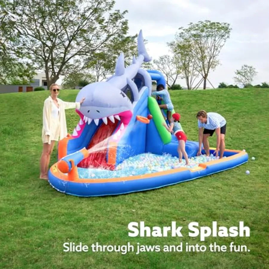 Inflatable Water Slide Park for Backyard 6-in-1 PVC Blue Outdoor Water Park with Splash Pool, Bounce House, Basketball Hoop, Wa view 6