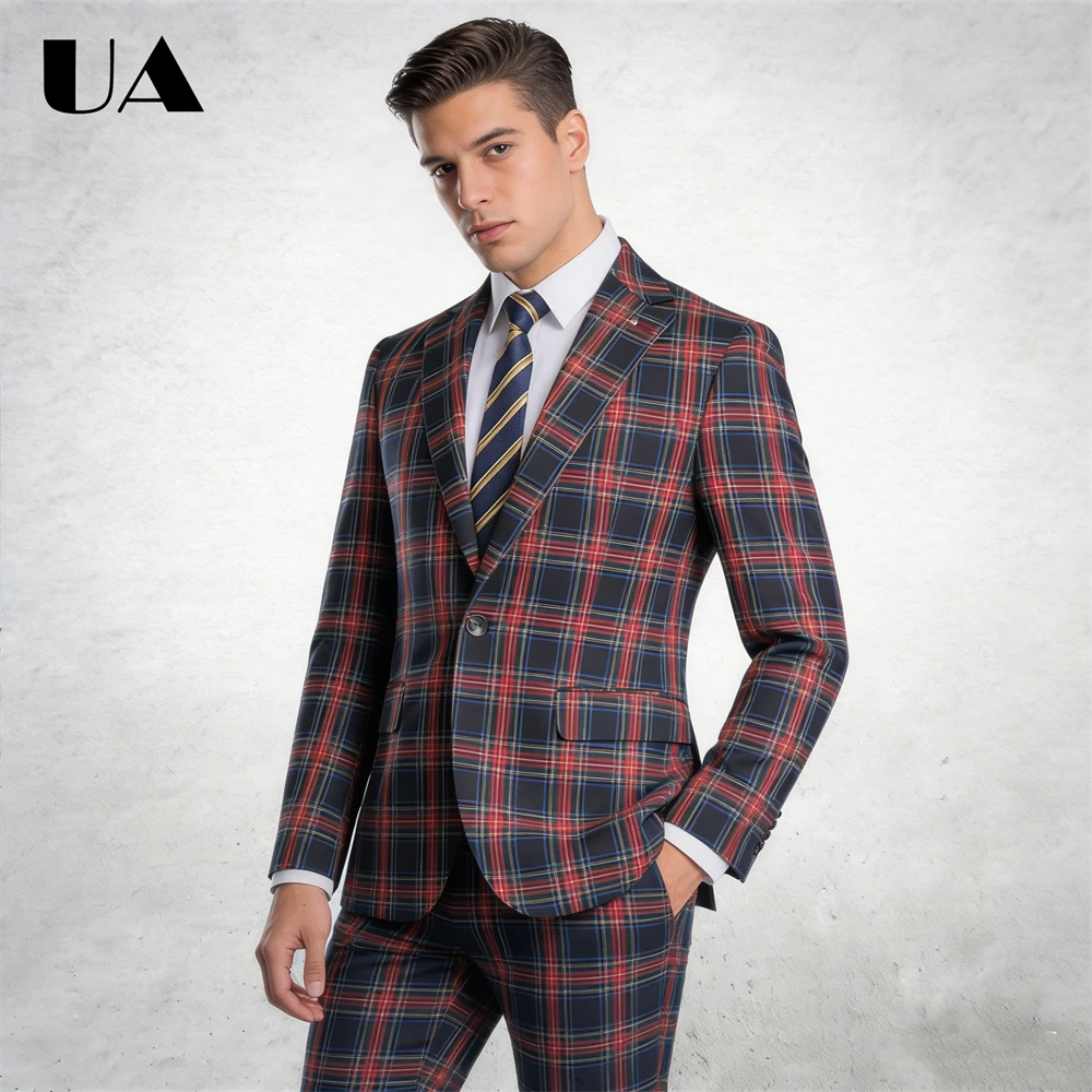 

Retro Plaid Two Piece Suit, Single Button Blazer with Pants, Party Gathering Tuxedo Performance Costume for Men, S-5XL Plus Size