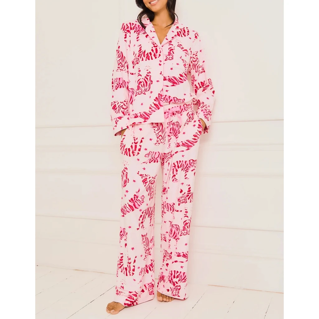 HEZIOWYUN Women's 2Piece Y2K Tiger All-over Print Loungewear Pjs Set Long Sleeve Shirt+Drawstring Waist Wide Leg Pants Sleepwear