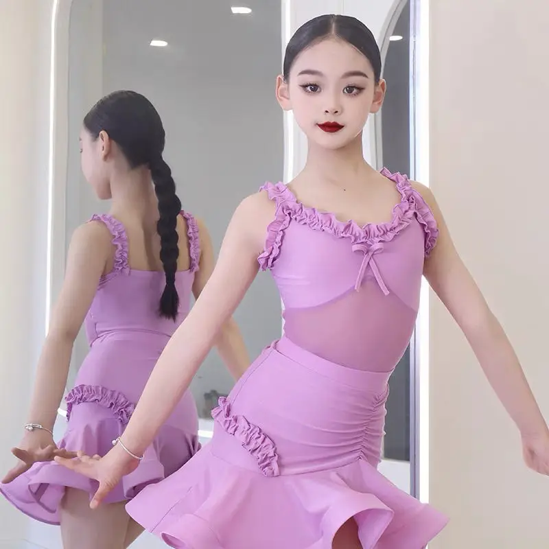 New Summer Latin Dance Suit Girls Daily Practice Suit Children's Watch Performance Suit Children's Dance Skirt Set