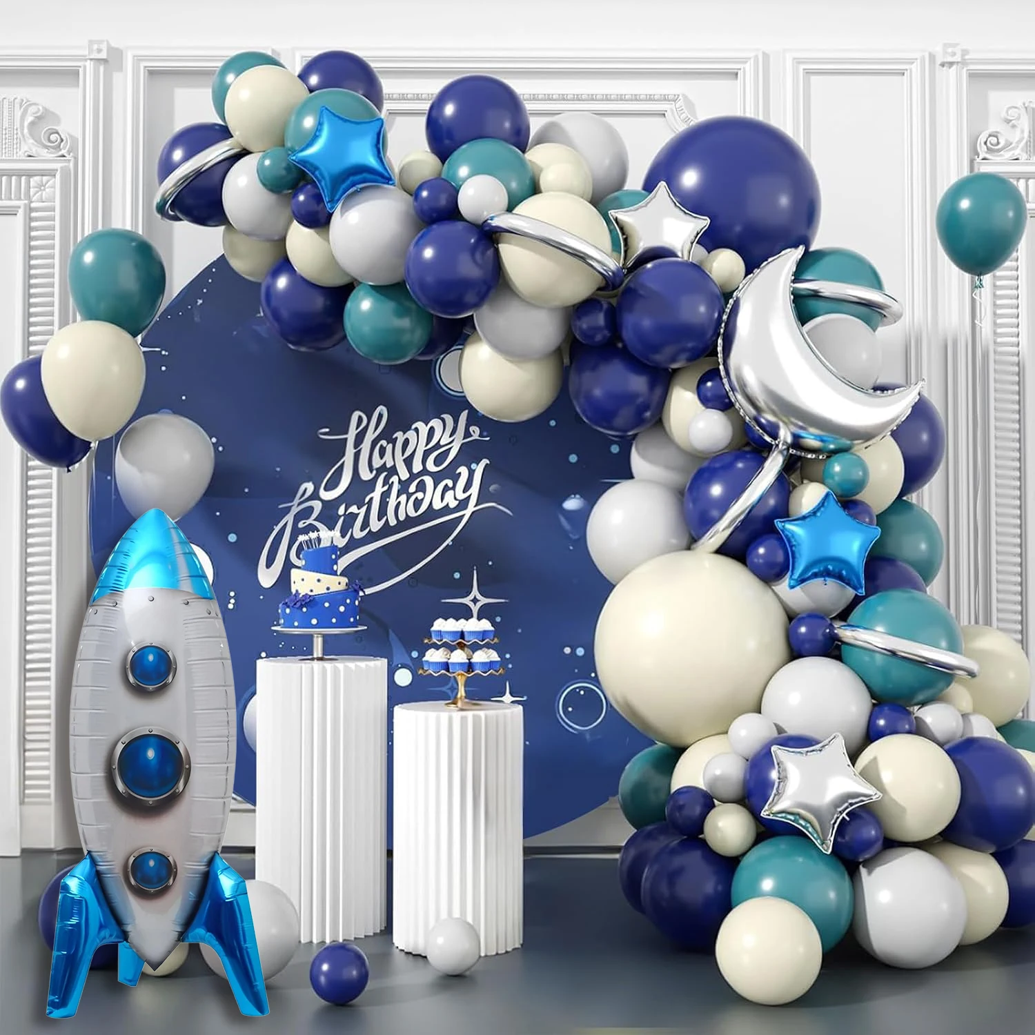 Space Balloon Arch Kit – Marineblaue/weiße/graue Folienballons für Astronauten-Geburtstage, UFO-Party und galaktische Duschdekoration für Jungen – Detail 4