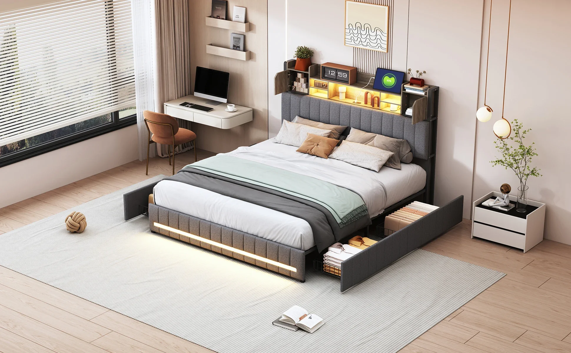 Comanlai LED Polsterbettgestell, 140x190 cm, Grau, mit USB-Anschluss und Aufbewahrungsschubladen. – Detail 1