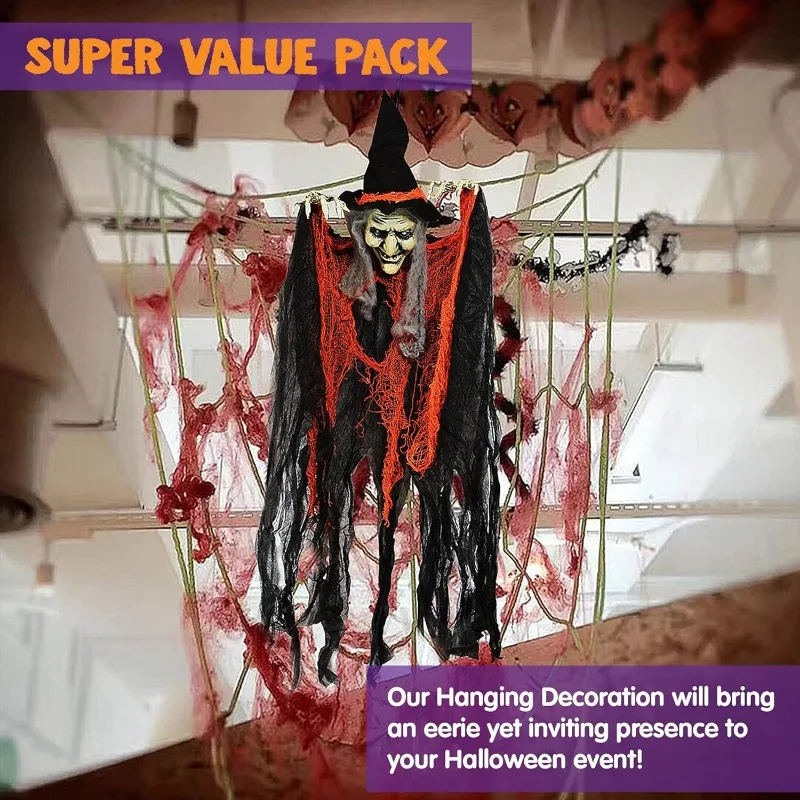 3 Pack 35” Hanging Ghosts Witch Pumpkin Decor Hanging Halloween Decorations Outdoor Halloween Decor, Scary Flying Witch