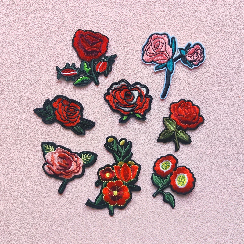 Red small flower embroidered patch DIY ironing sewing rose clothing luggage embroidered fabric patch holiday party