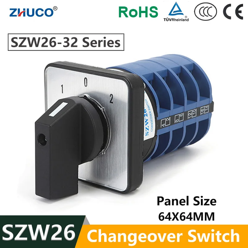 ZHUCO SZW26/LW26-32 32A On Off On 3 Position 1-4 Phase 1-0-2 Universal Cam Changeover Switch 660V 4/8/12/16 Terminals
