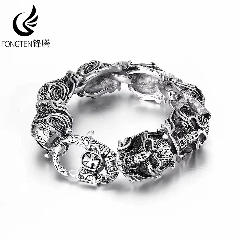 

Fongten Gothic 20cm Bracelet for Men Stainless Steel Cross Skull Bangle Bracelets Heavy Silver Color Skeleton Jewelry Wholesale