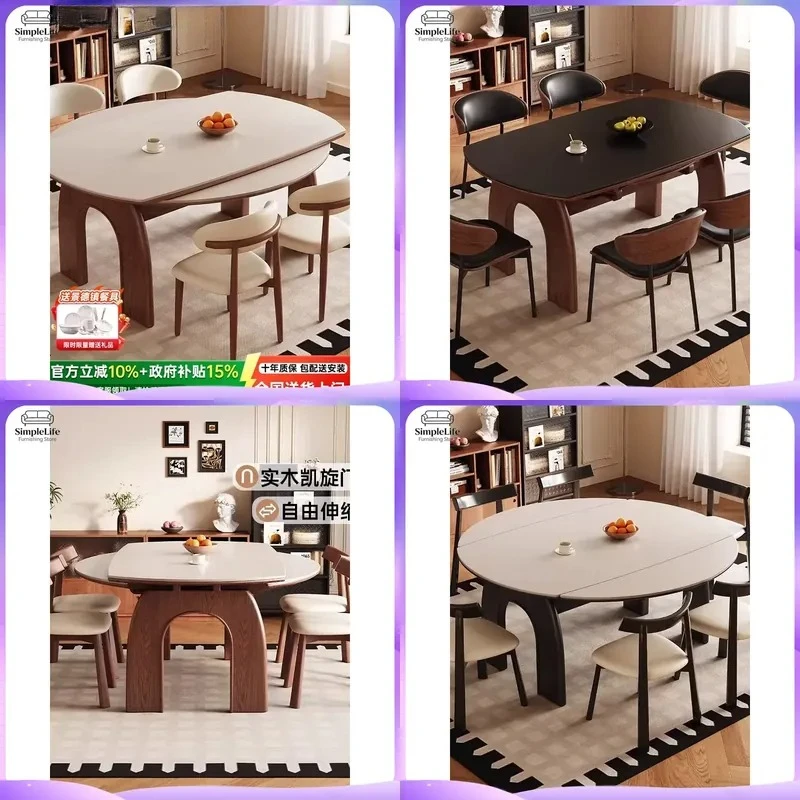 French Medieval Solid Wood Travertine Dining Table Round Extendable Rock Slab Kitchen Furniture for Small Apartment Home