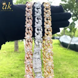 Aokaishen Iced Out Flower Necklace Cuban Link Chain for Women Prong Setting Cubic Zirconia Hip Hop Jewelry