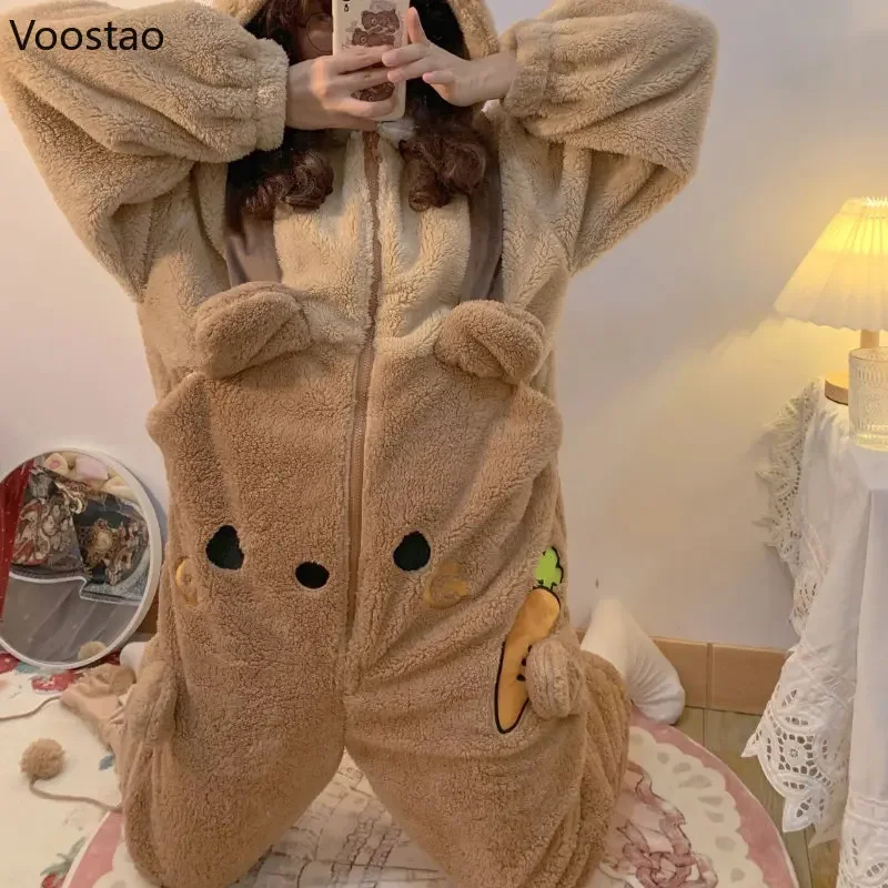 Sweet Bear Ears Hooded Onesies Sleepwear Women Autumn Winter Warm Pajamas Kawaii Nightwear Pyjamas Jumpsuit Female Cute Homewear