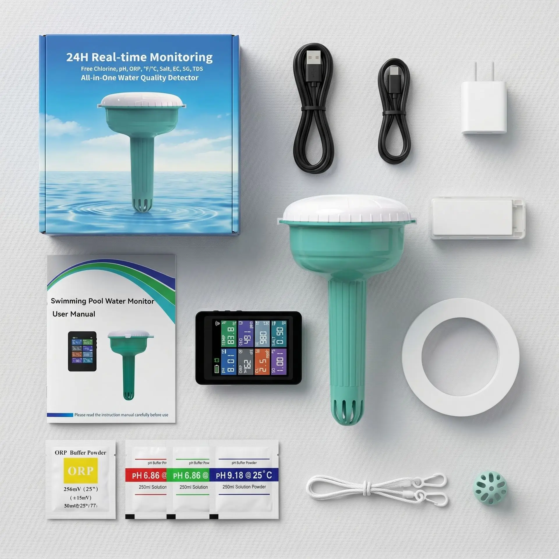 Smart WiFi Floating Water Quality Tester Monitor 8-In-1 PH Chlorine EC TDS Salt S.G ORP TEMP Detector for Swimming Pool & Spa