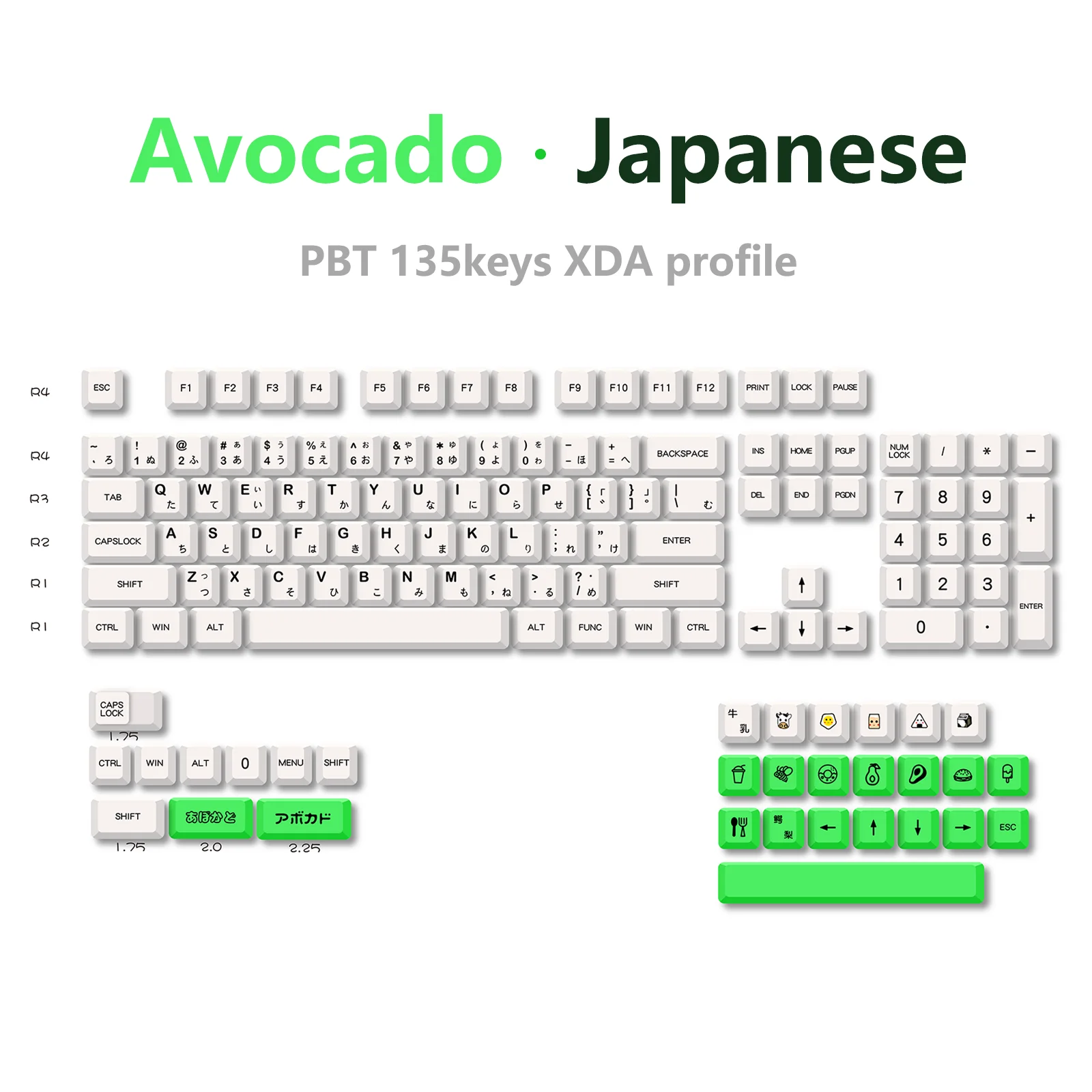 KeysLand-Teclado mecánico XDA, teclas de perfil PBT, aguacate, Inglés Japonés, 135 teclas para Cherry mx, Kit de bricolaje para juegos personalizado