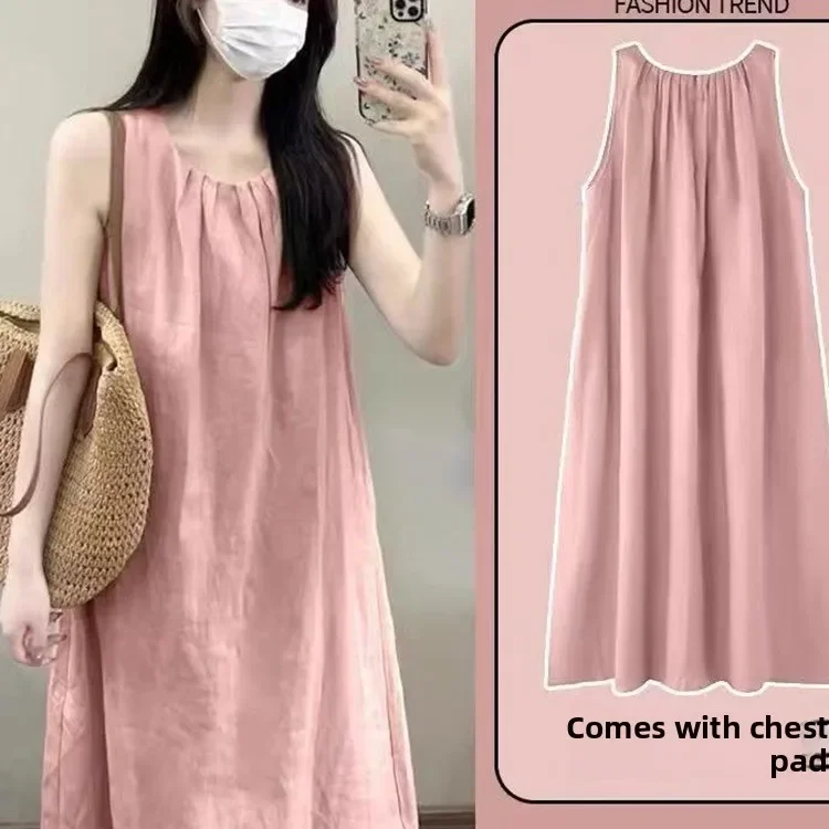 Spring Summer Women Solid Colour Sling Nightgown Lady Simple Loose Comfortable Loungewear Girls Causal Padding Dress Outdoor