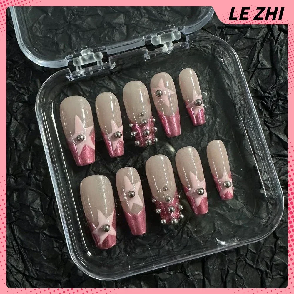 French Star Flower Simple Long Coffin Quadrate Fake Nails Art Handmade Y2K Hottie Reuses Press On Nail Party Stickers