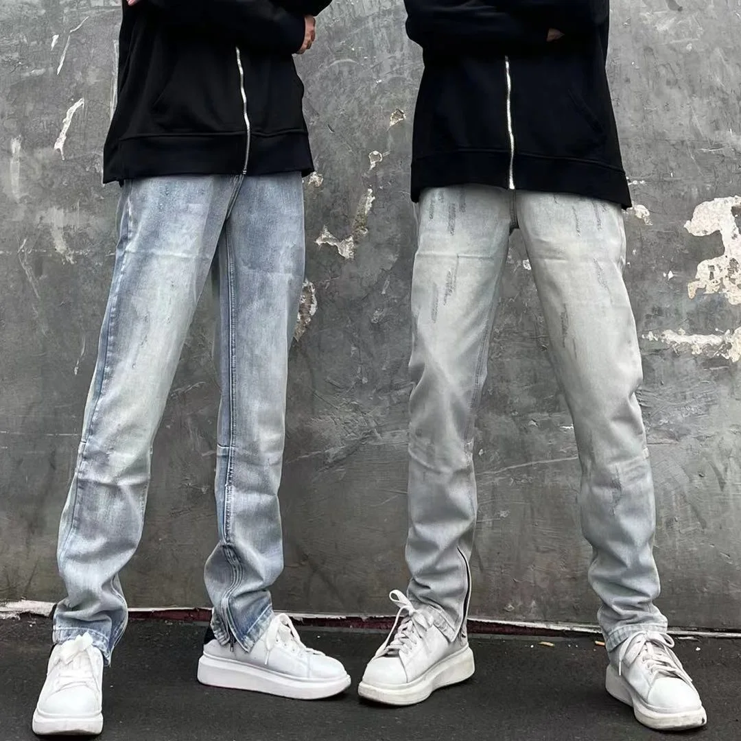 

Мужские джинсы Slim Fit на весну-лето, светлые, в стиле ретро, модные, повседневные, длинные брюки с молнией и разрезами, универсальные, прямого кроя.