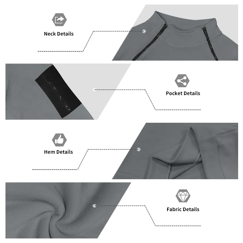 Herren Herbst-Winter Schwerlast-Fleece-Sweatshirt, Stehkragen, Doppelreißverschluss, Lose Warme Outdoor-Wander-Freizeitjacke – Detail 12