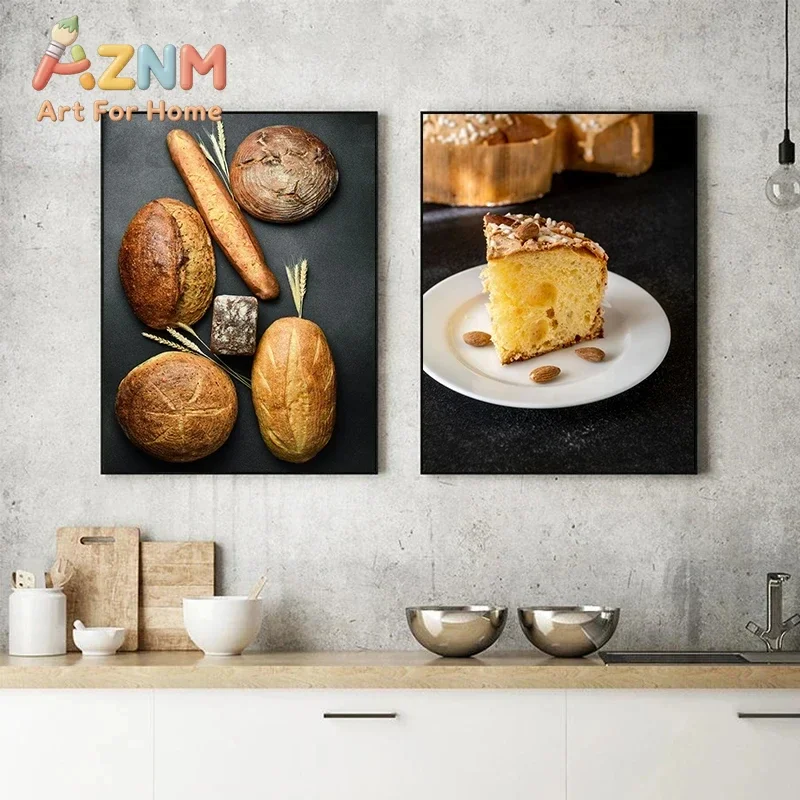 AZNM Delicious Bread Food Canvas Wall Art Fresh Baguette Pastry Realistic Kitchen Art Print Unframed Canvas Poster for Dining Ro