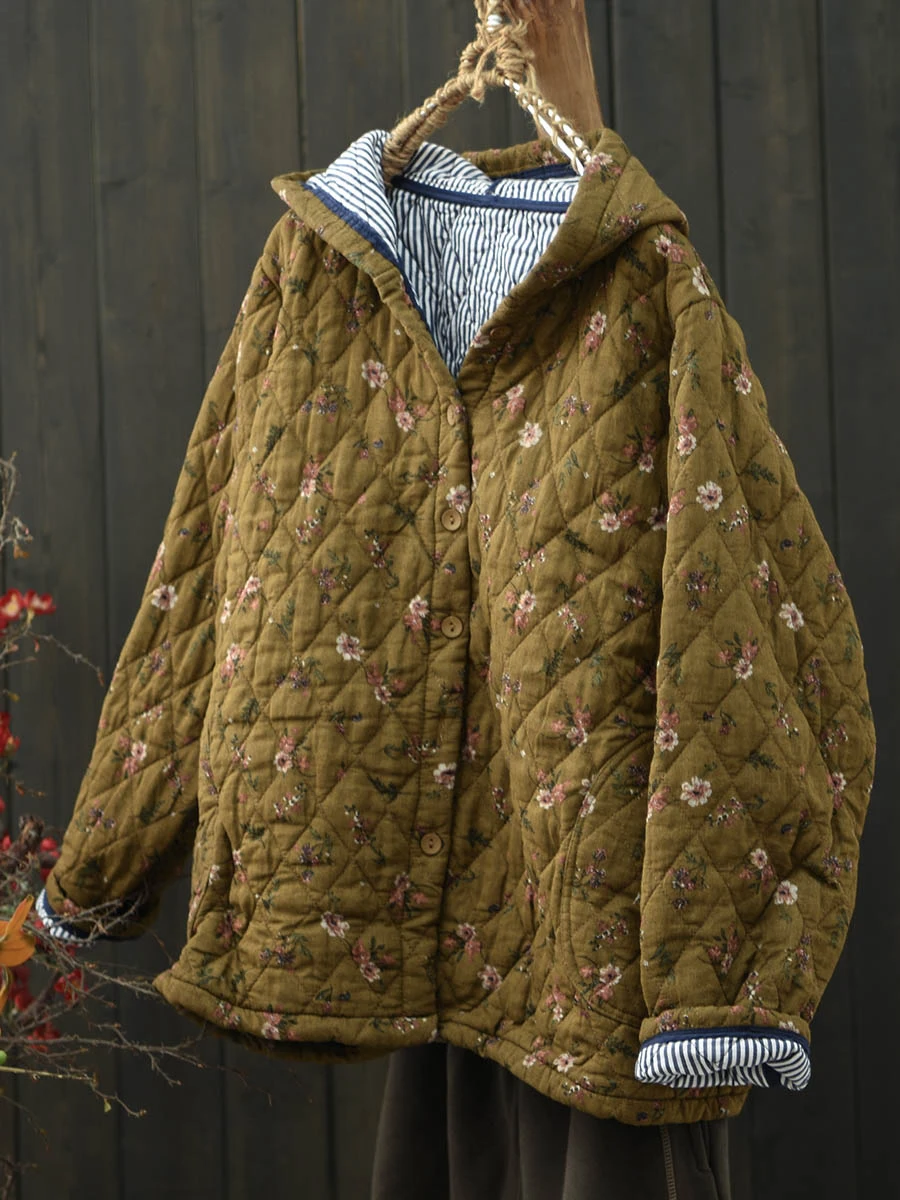 

Loose Thickened Cotton Jacket with Hat Floral Grid Line Stitching Women's Winter Coat Artistic Style Printed Cotton Clothes