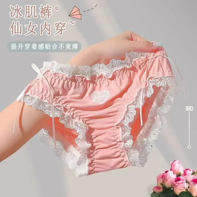 Lolita Lace Ice Briefs Sweet Girl's Butterfly Bow Heart-shaped Pattern Underwear Japanese Sexy Maid Cosplay Young Girl Panties