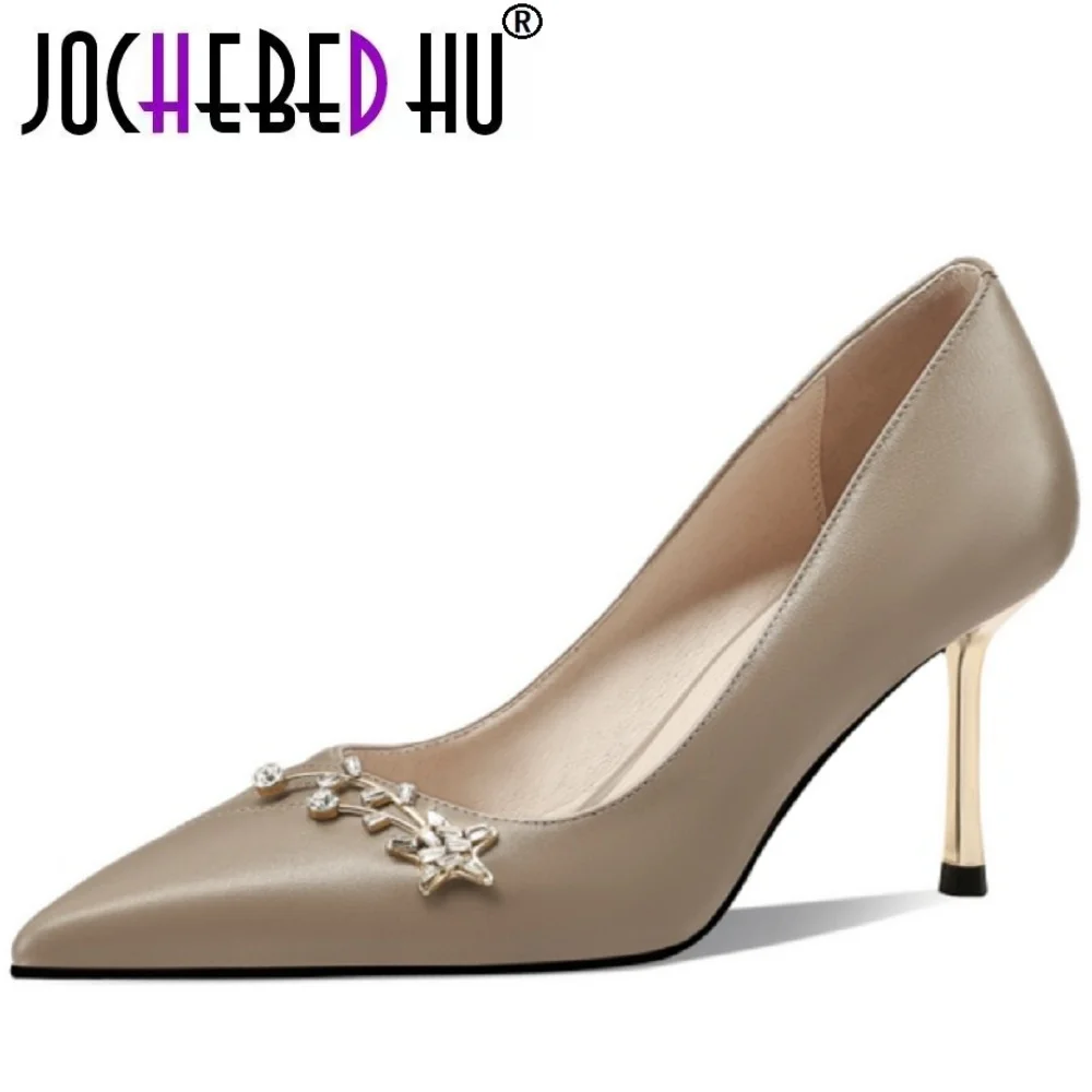

【JOCHEBED HU】Ручная работа из натуральной кожи с острым носком, мягкие удобные женские туфли на высоком каблуке, новый Sle, сексуальный элемент с бриллиантами 33-43