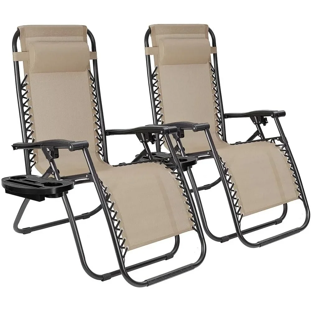 Set of 2 Outdoor Adjustable Reclining Chair with Pillows and Cup Tray, Steel Mesh Folding Recliner for Pool Beach Lounge Chair