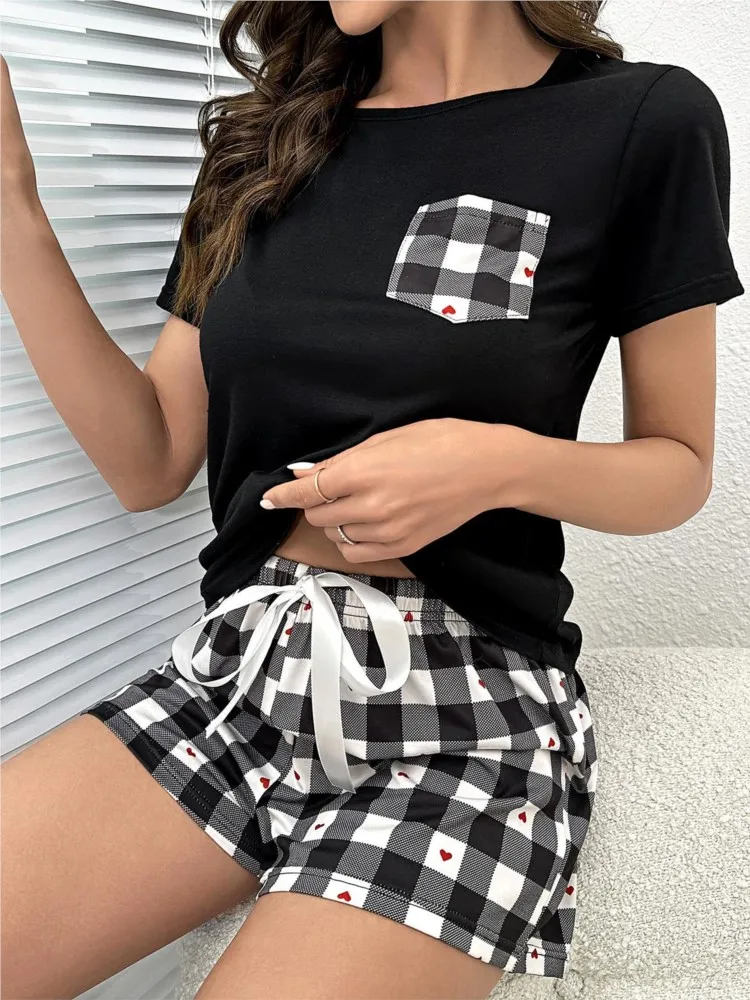 

Summer Casual Women's Pajamas Set O Neck Tee Top And Shorts 2 Pieces Sets Fashion Heart Print Elastic Drawstring Homewear Outfit