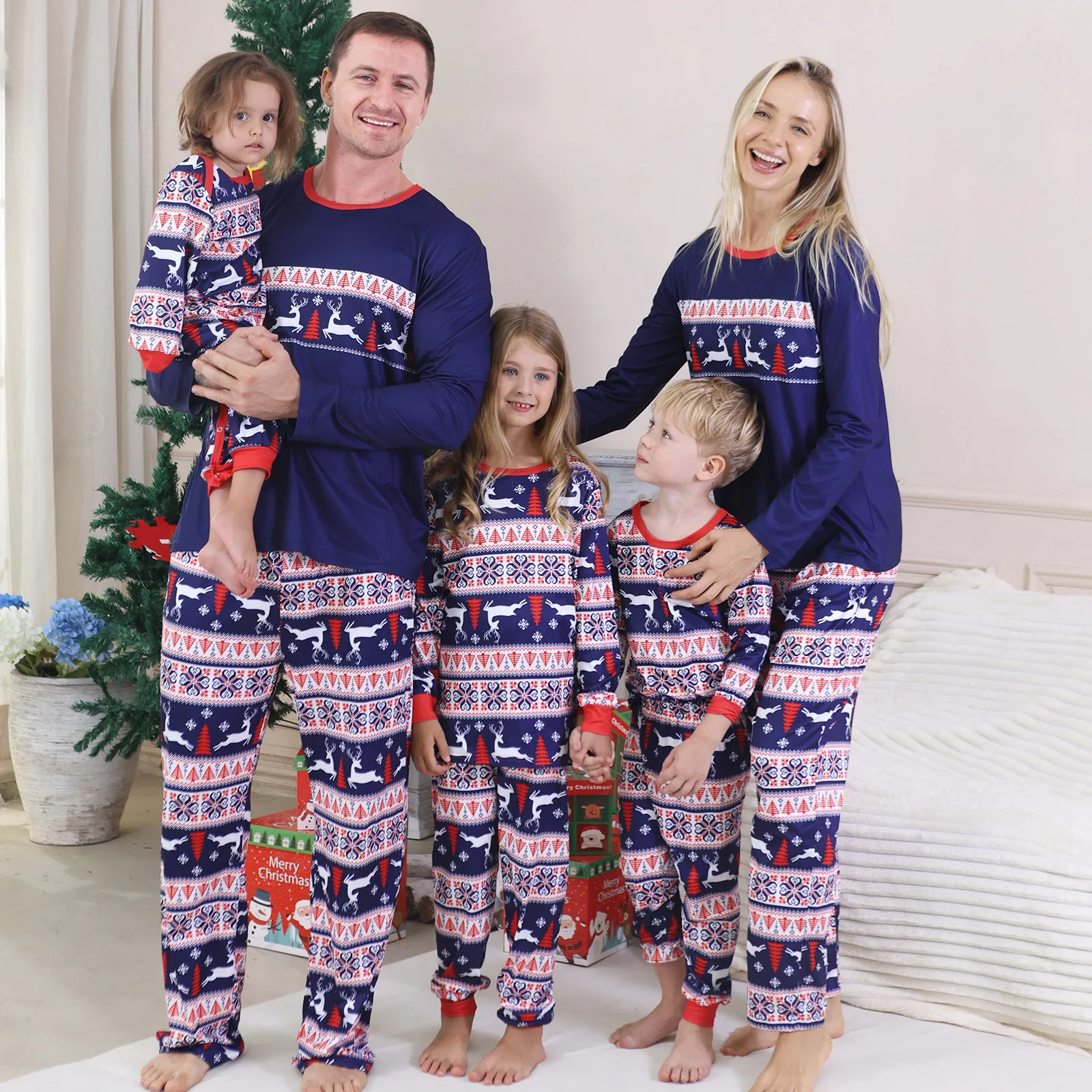 Disfraces de Año Nuevo, conjunto de pijamas de Navidad familiares con estampado de alces, traje de 2 piezas de manga larga con cuello redondo, ropa de dormir, pelele para bebé, pijamas de Navidad 2025