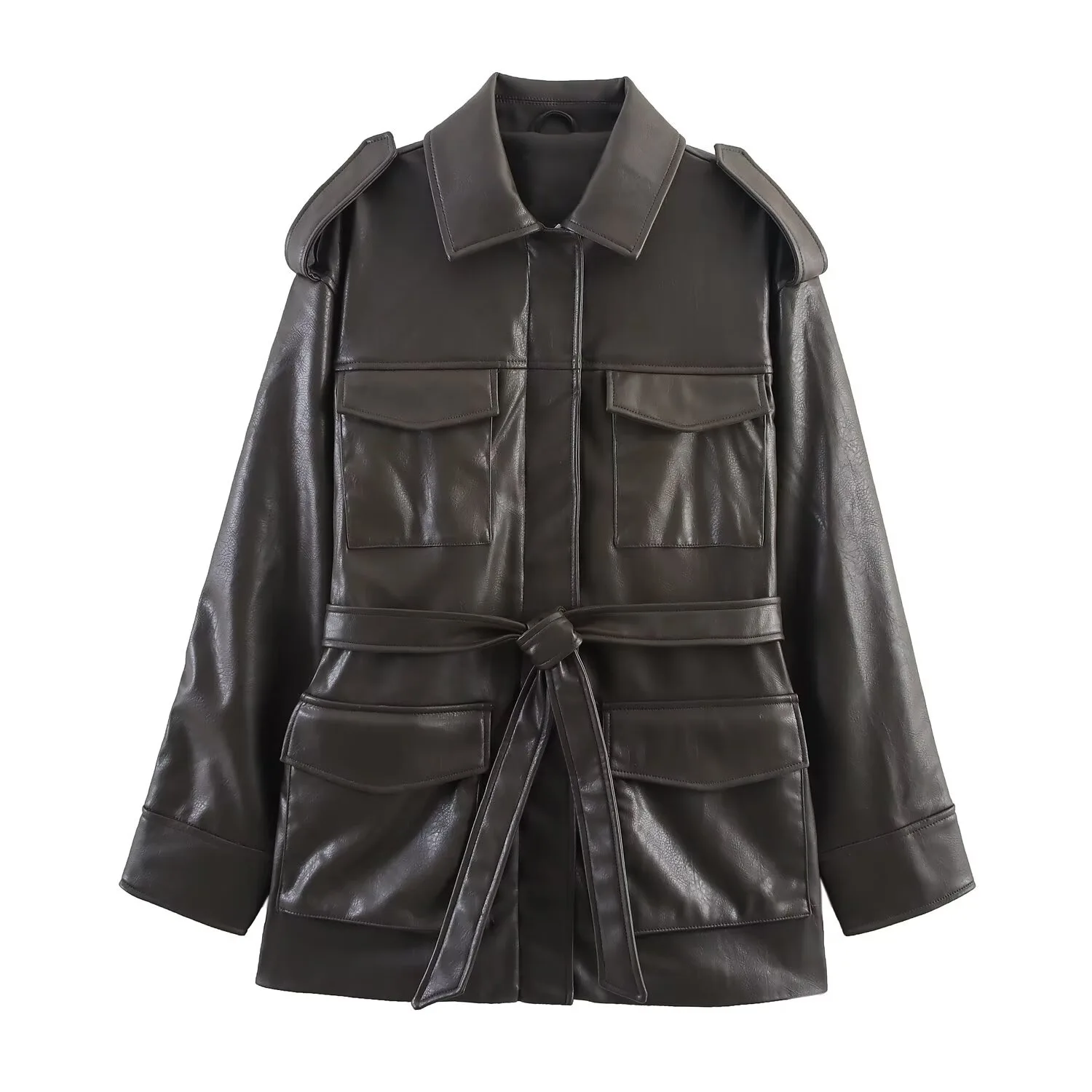 

European And American Style Women's Jacket With Pocket Decorated Faux Leather Biker Outerwear Top Selling