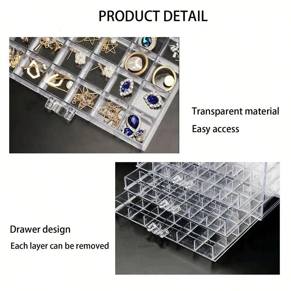 Brinco caixa de jóias acrílico caixa de armazenamento de jóias anel feminino caixa de exibição de jóias com 5 gavetas e 120 bandejas de compartimento pequeno