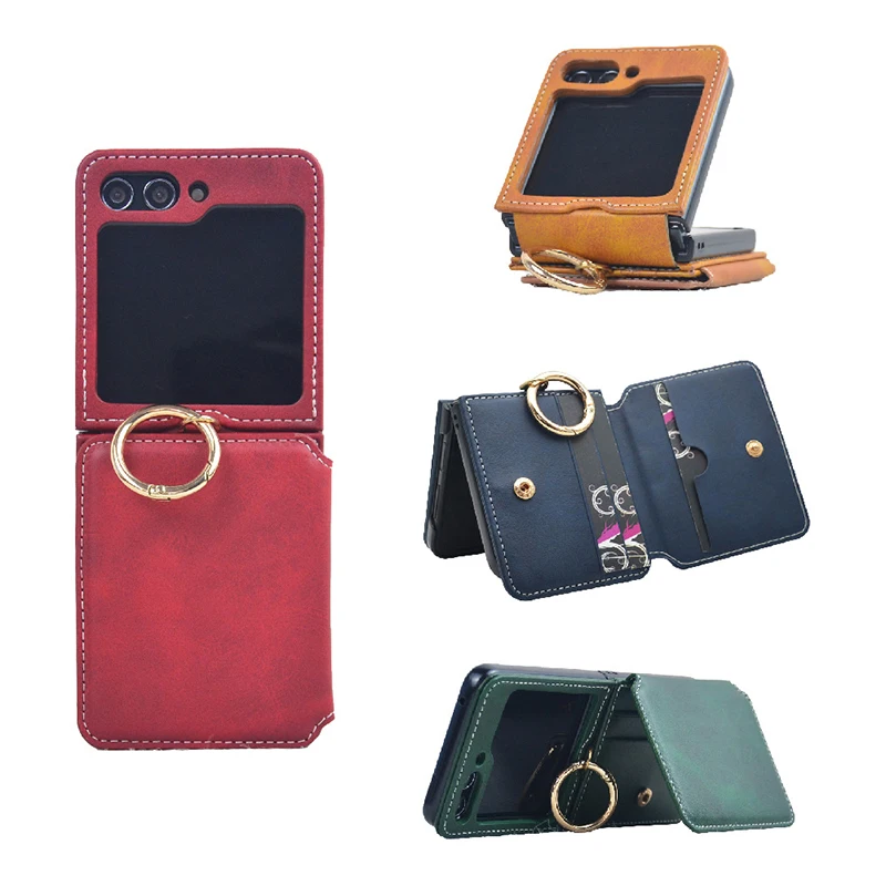 

Case For Samsung Galaxy Z Flip 6 Z Flip 5 Flip 4 Flip 3 Card Wallet Finger Ring PU Leather Protection Mobile Phone Case Cover