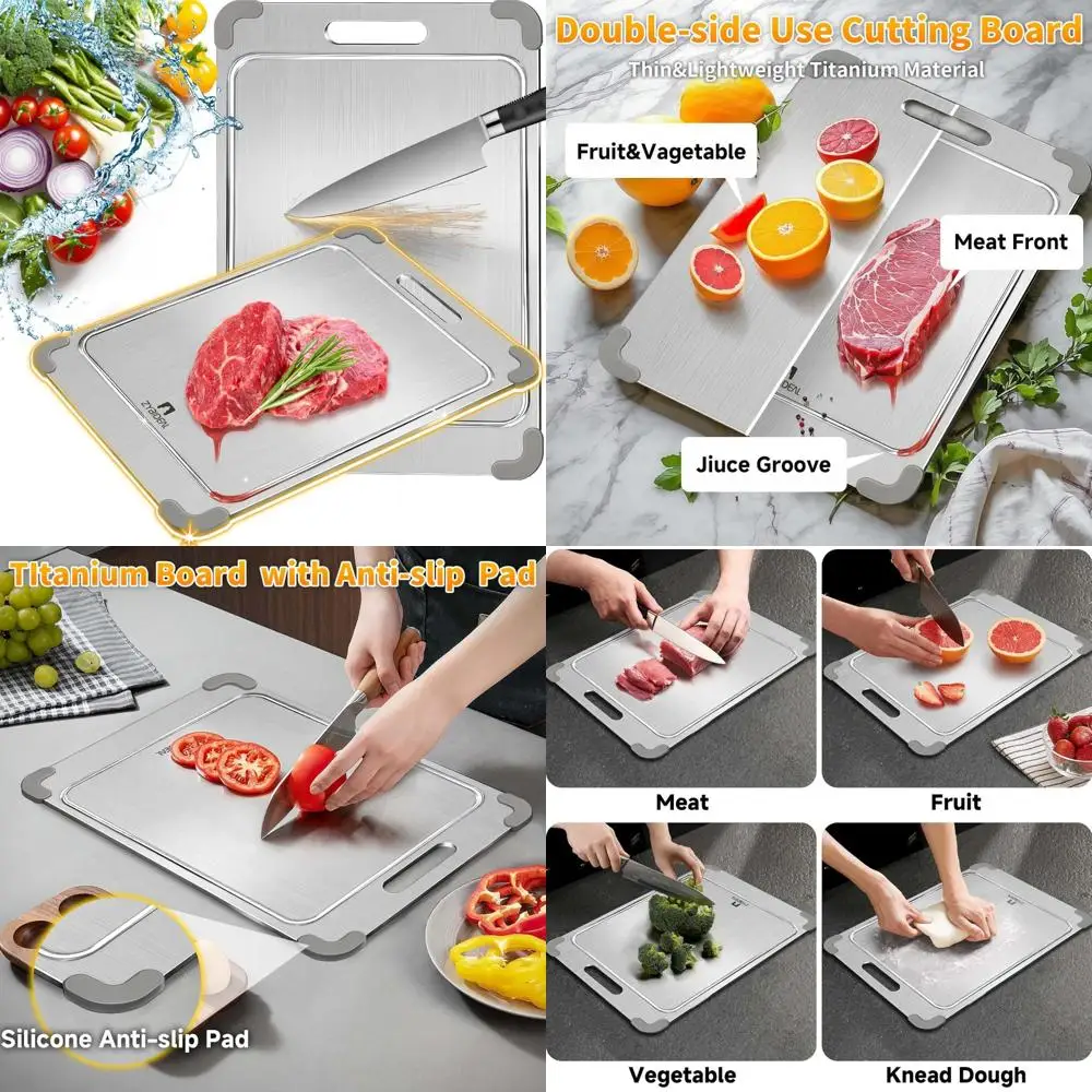 

Титановая двусторонняя разделочная доска с пазами — противоскользящие силиконовые края, защита столешницы из нержавеющей стали премиум-класса