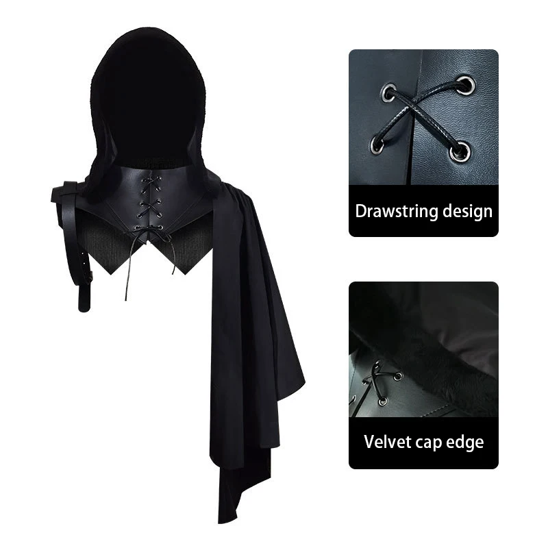 

Halloween Medieval Vintage Hooded Shawl With Tie Up Stand Up Collar Cape Coscape Hooded Death Cloak