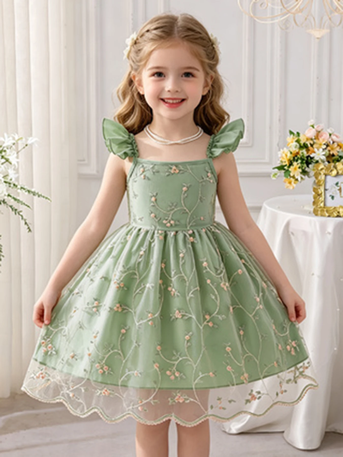 Grünes Blumen-Tüll-Prinzessinnenkleid für Mädchen, Sommerkleid mit Flatterärmeln und Spaghettiträgern, bauschiger Rock, süßes Kinderkleid