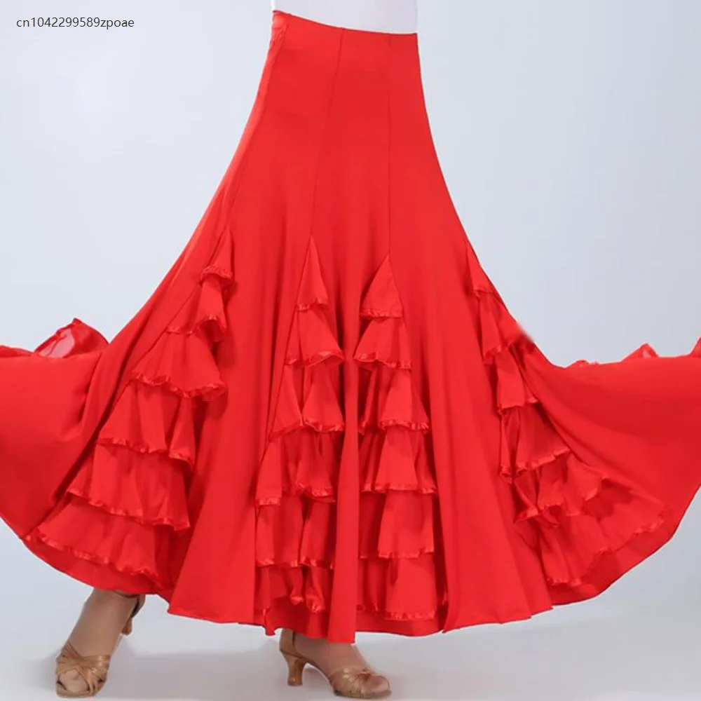 Falda de competición española Flamenco para mujer, falda de baile de salón, danza cuadrada, falda de práctica de Swing larga de baile estándar nacional
