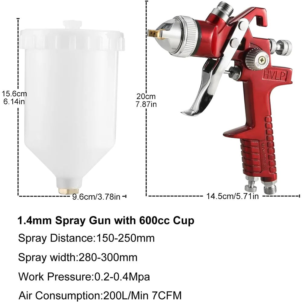 HVLP autospuitpistoolset 0,8 mm / 1,4 mm professioneel draadloos pneumatisch gereedschap zwaartekrachtspuit voor autoprimer / muurverf / meubeloppervlak spuiten, hoge verneveling verfspuitgereedschap op waterbasis