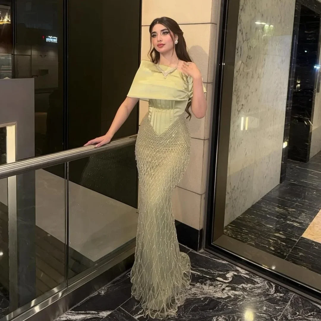 

Off the Shoulder Satin Mermaid Evening Dresses Diamond Pattern Beading Tassels Prom Party Dress Customized Vestidos