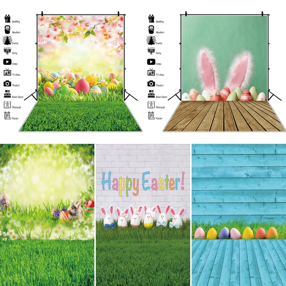 Easter Photography Backdrops Spring Wooden Boardwalk Wall Flower Meadow Bunny Egg Background Children Photo Zone Banner