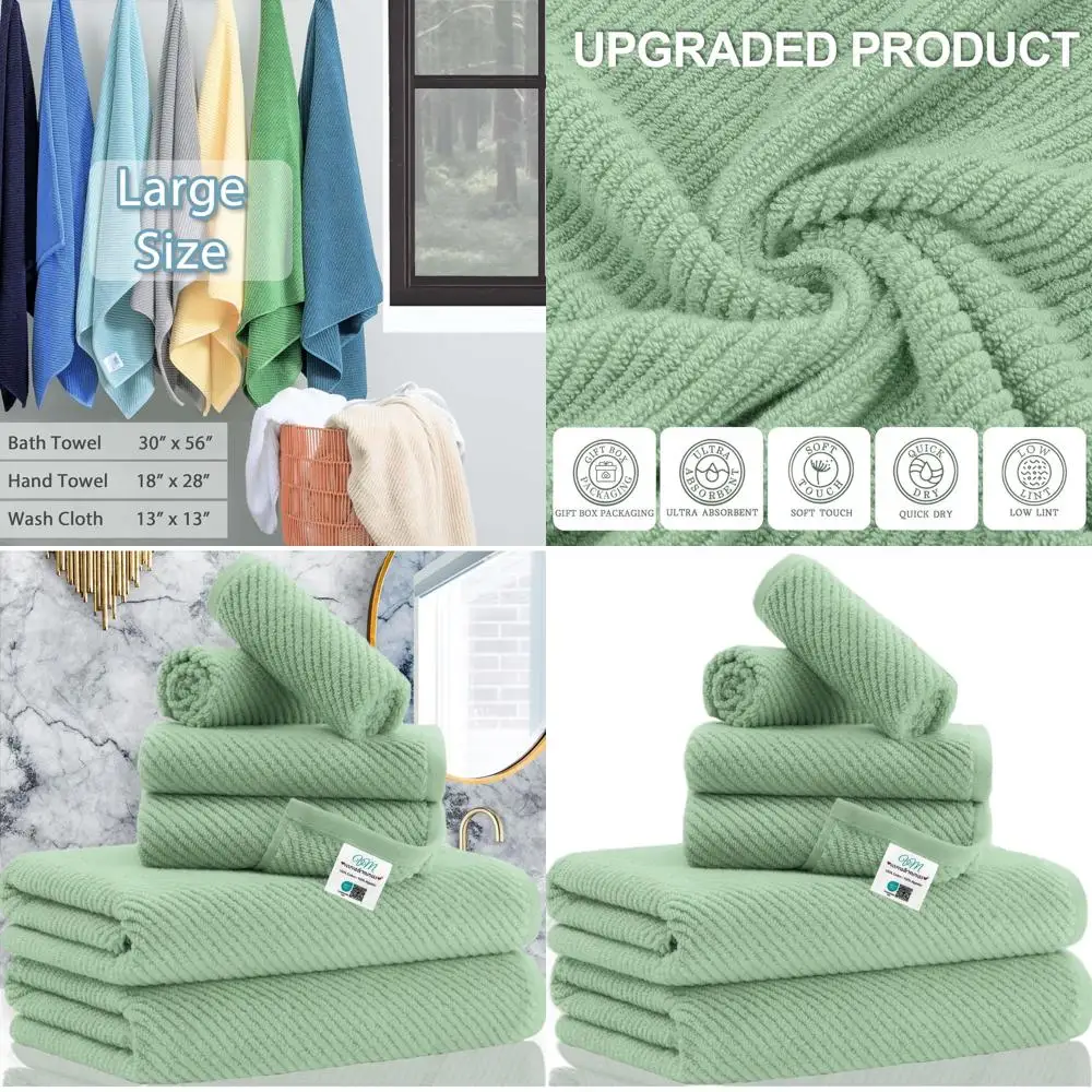

Набор хлопковых полотенец для ванной комнаты — 6 предметов, 2 ванны 30x56, 2 руки 18x28, 2 мочалки 13x13, Sage Green