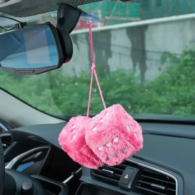 Fuzzy Plush Dice with Dots Retro Square Plush Hanging Mirror Fuzzy Dices Kid Toys for Pink Car Interior Ornament Decoration