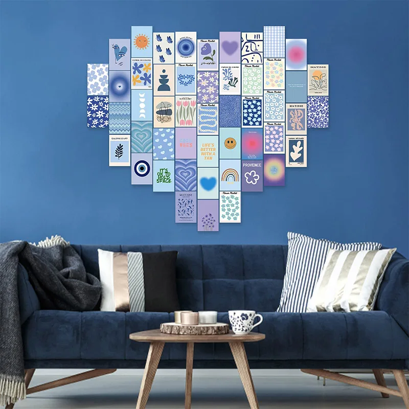 Minimalist Wall Art for Blue Room Decor Aesthetic, 50pcs Danish Pastel Wall Collage Kit Aesthetic Pictures,Aesthetic Posters