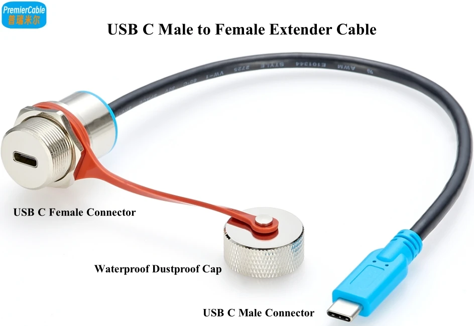 Robustes, wasserdichtes USB-C-Stecker auf Buchse, Verlängerungskabel, IP67, Typ C, metallversiegeltes Kabel, Outdoor-Panel-Mount-Passkabel mit Kappe – Detail 2