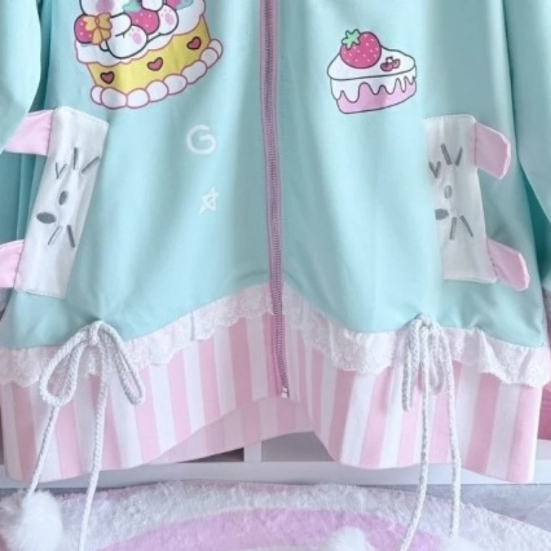 اليابانية Kawaii لطيف الكرتون الطباعة هوديي نمط Preppy ELace المرقعة الجرونج بلوزات Y2k الجمالية ضمادة فضفاضة هودي