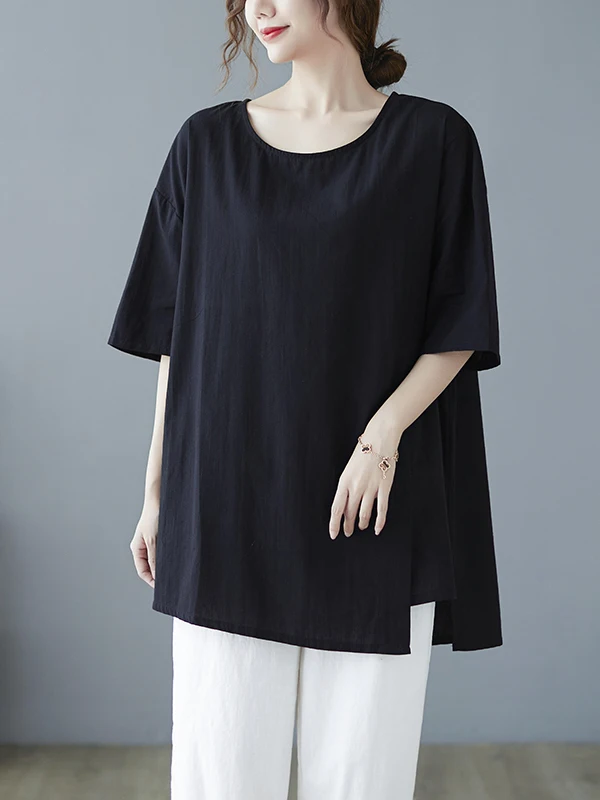 

Slimming Effectiven Large Size Summer Top Women's Cotton Linen Asymmetrical Belly Covering T-irt Artistic Commute Sle