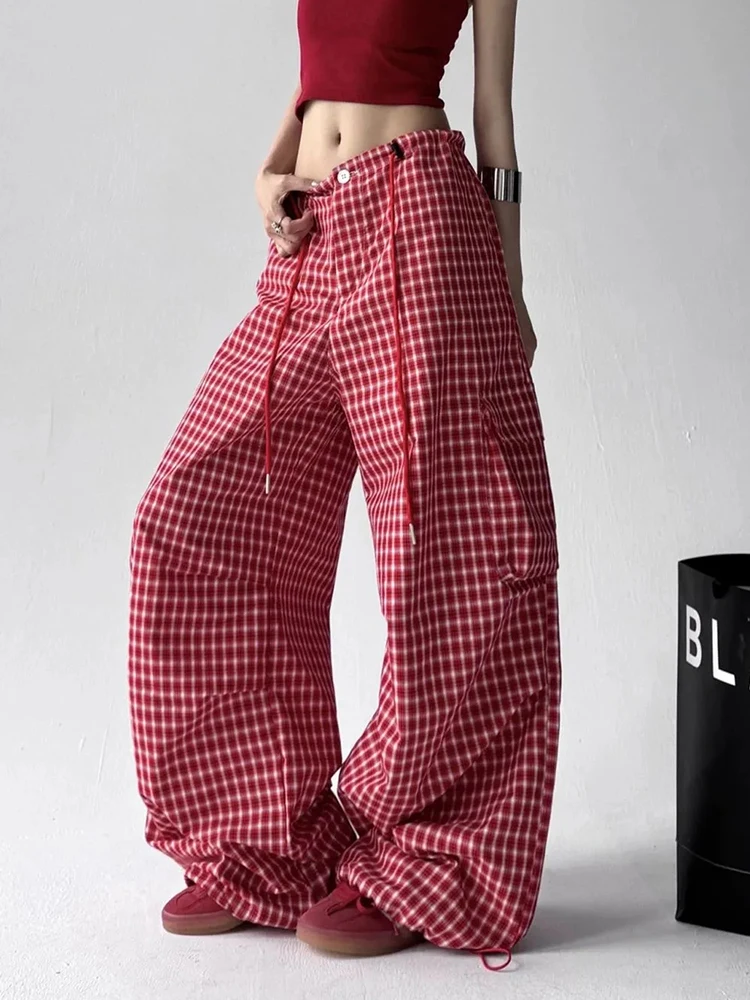 

Красные винтажные брюки в клетку, женские уличные брюки Y2K, свободные широкие брюки для ленивого ветра, весна-лето, повседневные спортивные мешковатые прямые брюки