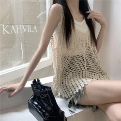 Summer Hollow Out Sleeveless Tanks Women Harajuku Casual Loose Knitted Tanks Korean Fashion Chic Camisole Tops New